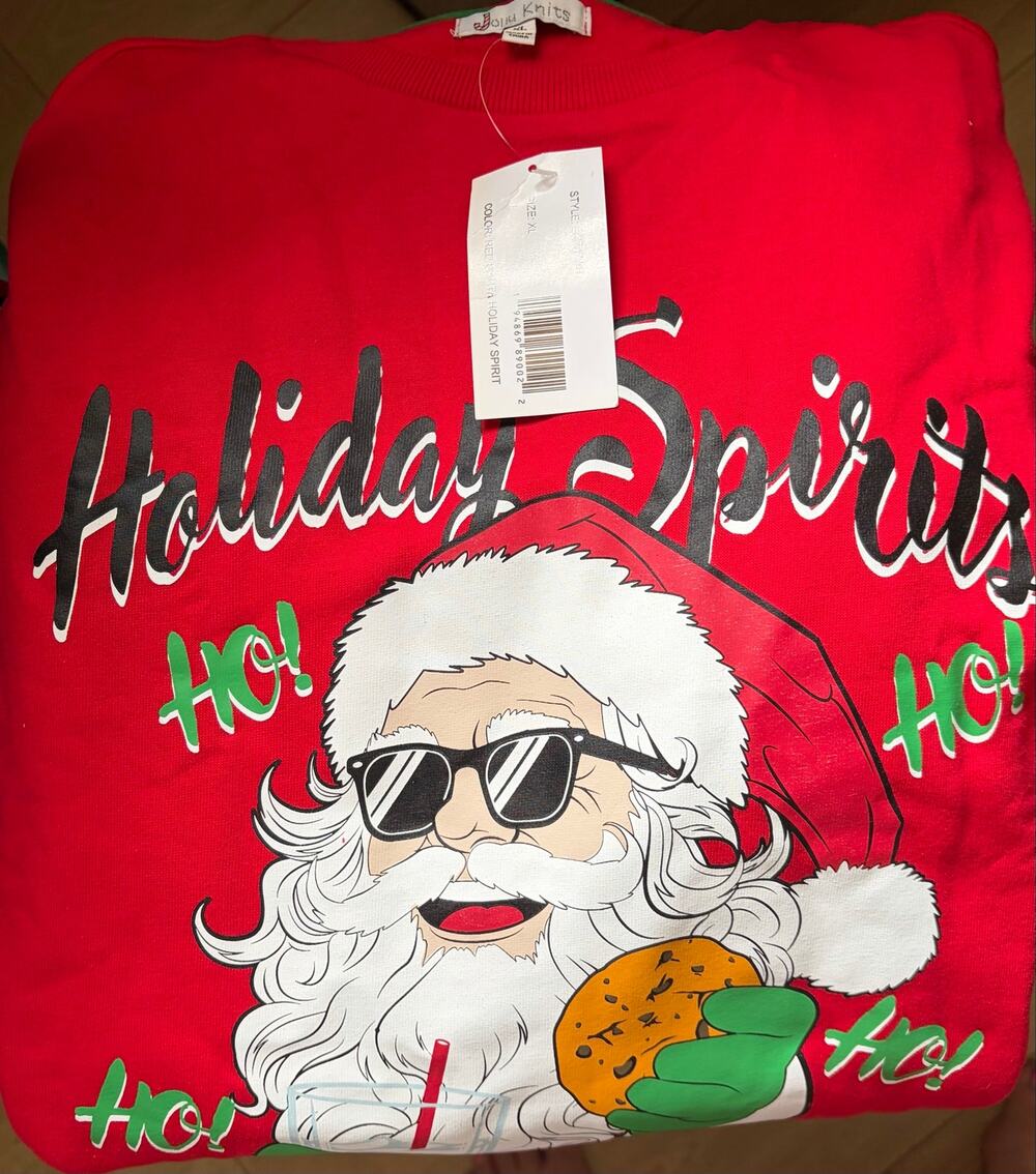 NWT Jolly Knit "Holiday Spirits" Santa w/Sunglasses Christmas Crewneck Sz M
